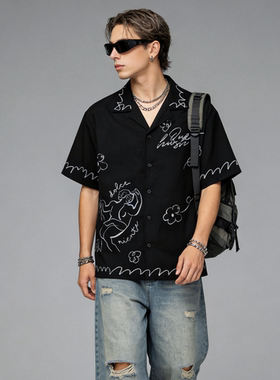 FAITH潮流夏威夷风印花短袖衬衫女宽松廓形度假衬衫休闲上衣