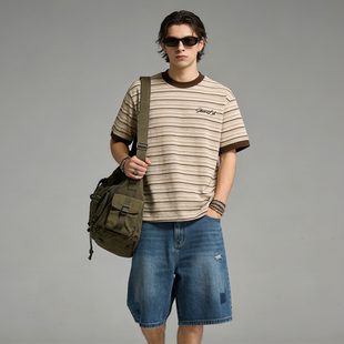 宽松百搭圆领潮流休闲上衣 T恤男夏季 FAITH美式 复古简约条纹短袖