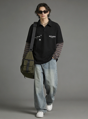 FAITH美式复古风假两件拼接翻领长袖polo衫男宽松百搭潮流上衣