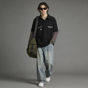 男宽松百搭潮流上衣 polo衫 FAITH美式 复古风假两件拼接翻领长袖