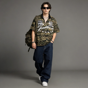街头休闲印花拉链宽松百搭上衣 Polo衫 FAITH美式 潮流迷彩风短袖