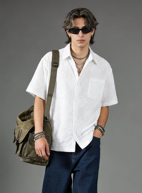 FAITH复古潮流高街工装风短袖衬衫男夏季提花宽松格子高级感衬衣