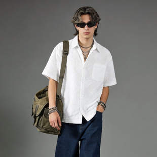 男夏季 衬衫 提花宽松格子高级感衬衣 风短袖 FAITH复古潮流高街工装