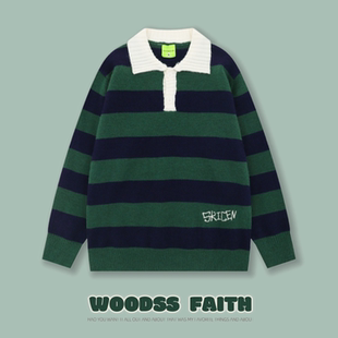 FAITH美式 复古小众设计感条纹撞色毛衣男潮牌宽松保暖情侣针织衫