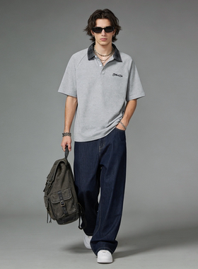 FAITH学院风格子翻领百搭POLO衫男短袖夏季宽松休闲街头潮流上衣