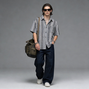 夏季 FAITH美式 男宽松古巴领个性 衬衫 撞色衬衣 复古百搭风条纹短袖