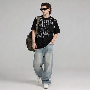 FAITH美式 T恤男宽松重磅潮流百搭上衣 复古街头风五角星印花短袖