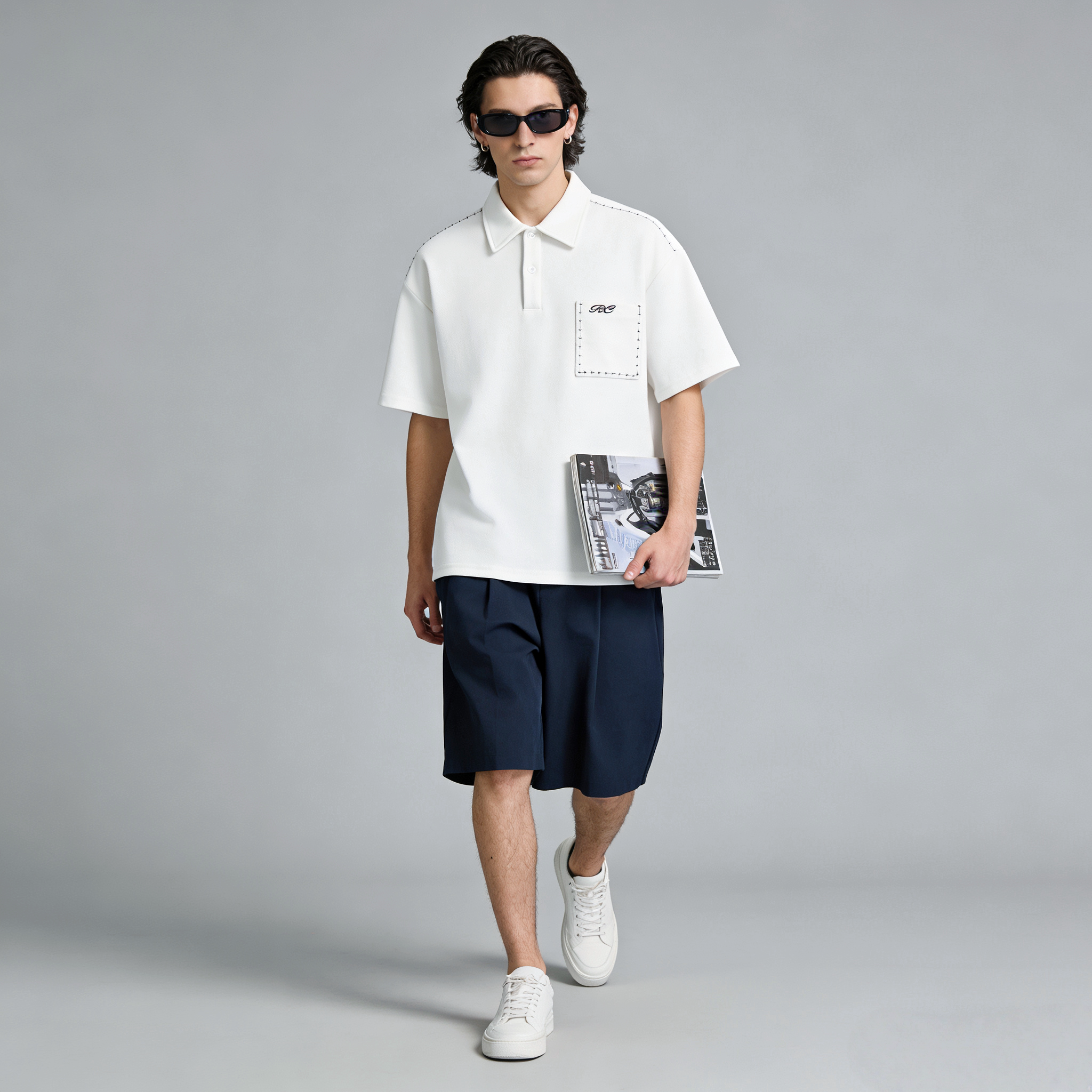 FAITH青年翻领POLO衫男夏短袖工装字母刺绣口袋都市穿搭半袖上衣