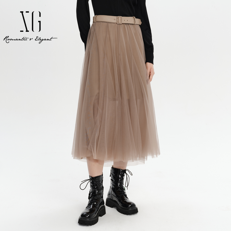 雪歌专柜高腰咖色半身裙女2023冬新款中长款网纱裙XI403002A172