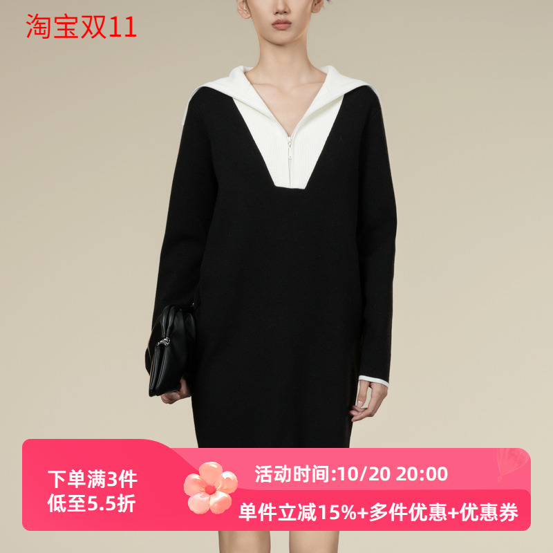 XG/雪歌2025年冬季新款休闲宽松撞色针织连衣裙女XK411054B590