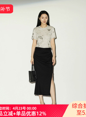 XG/雪歌26夏黑色半身裙女高腰开叉中长裙通勤包臀裙XL203007A290