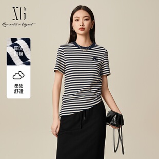 XG雪歌2025春款休闲圆领显瘦正肩复古条纹T恤女短袖XL101511B899