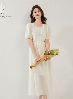 雪歌2024夏季新款时尚简约白色短袖A字长款连衣裙女XK204818A851