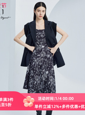 XG/雪歌25年秋季新款宽松显瘦无袖吊带碎花连衣裙女XJ304007B297