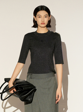 XG/雪歌26春季新款黑色五分袖圆领针织衫女修身上衣XL111034A384