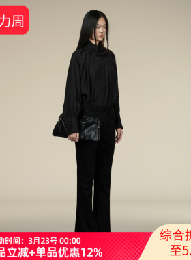 XG/雪歌2025年春季新款黑色长袖立领休闲衬衫女上衣XK421016A390