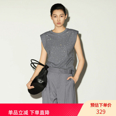 XG/雪歌26夏装简约休闲风灰色无袖烫钻T恤女修身薄款XL201016A484