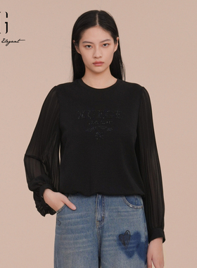 XG雪歌网纱拼接白色T恤女长袖2025春新款莱赛尔上衣XK101018A450