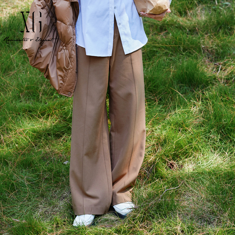 xg雪歌专柜2023冬新款休闲裤咖色女直筒裤阔腿裤子XI402001A163