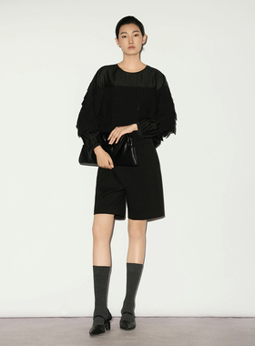 XG/雪歌26春款黑色高腰西装短裤女直筒羊毛休闲裤子XL102013A290