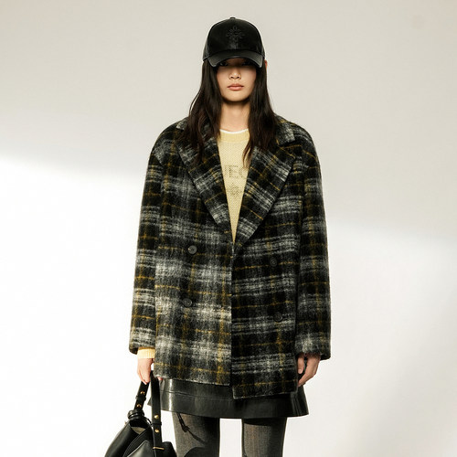 XG雪歌格纹羊毛混纺呢大衣2026冬季新款复古外套女装XL410020B605