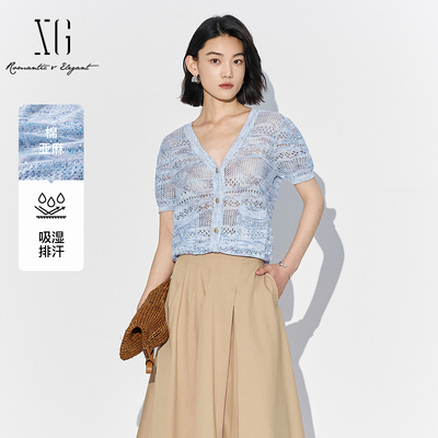 XG/雪歌2025夏季新款V领镂空短袖针织开衫女上衣外套XL211566B820
