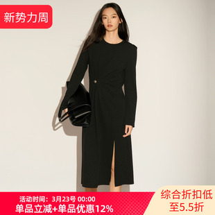优雅风黑色长袖 连衣裙女开衩中长裙XL104017A190 雪歌26春新款