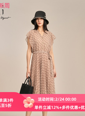 XG雪歌短袖衬衫连衣裙2025夏季新款满版印花百褶裙女XK204019B797