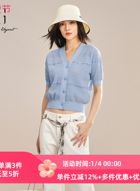 XG雪歌温柔风V领针织衫女2025夏装新款精致短袖上衣XK211004A420