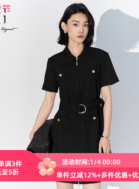 XG雪歌2025夏装新款酷飒黑色短袖工装风拉链连衣裙女XK204049A190