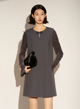 XG/雪歌26春新款新中式盘扣连衣裙长袖中国风气质裙XL104015A183
