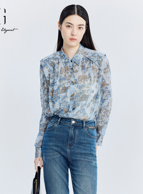 XG雪歌2024秋季新款垫肩设计法式碎花长袖衬衫女衬衣XJ321019B197