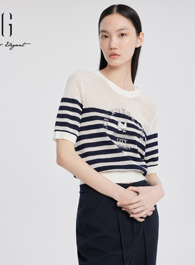 xg雪歌条纹撞色针织衫短袖女2024夏新款圆领镂空上衣XJ211011B299