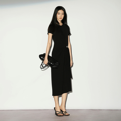 XG/雪歌26夏款短袖连衣裙女收腰修身中长款百搭裙子XL204027A290