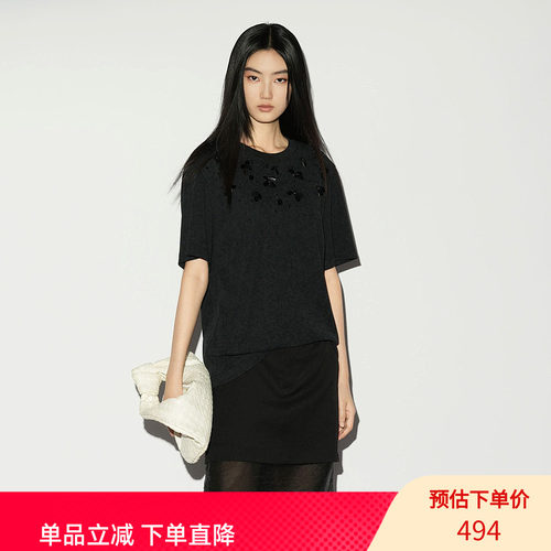 XG/雪歌26夏简构黑色短袖T恤女薄款圆领钉珠宽松上衣XL201014A290