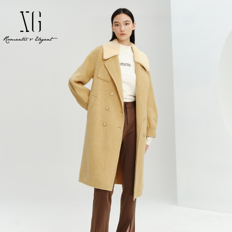 xg雪歌专柜羊羔毛领毛呢大衣女2023冬季新款休闲外套XI410041A830