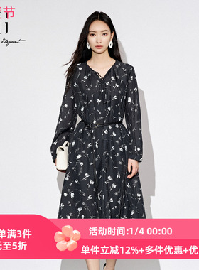 XG/雪歌2025年秋季新款V领系带收腰显瘦碎花连衣裙女XL304830A806