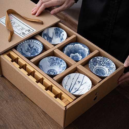 南玩复古青花瓷斗笠茶杯礼盒包装