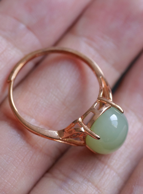 天然和田玉俄料碧玉粉青微猫眼s925银玫瑰金金镶戒指生日礼物8z