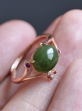 天然和田玉俄料老料碧玉菠菜绿s925银玫瑰金金镶戒指生日礼物8z