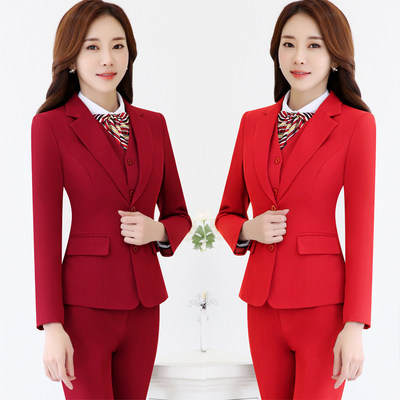 春秋新款长袖红色韩版职业套装