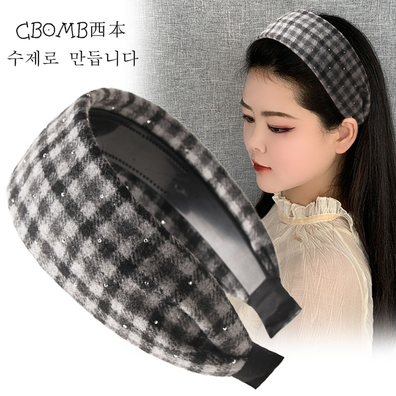 韩国时尚格纹发箍女复古毛呢