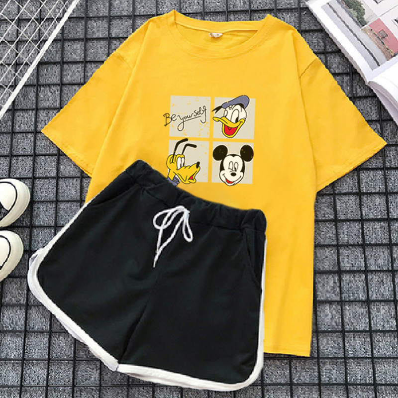 Summer new cartoon print short sleeve T-shirt and shorts suit women's loose size sweet and lovely two piece set