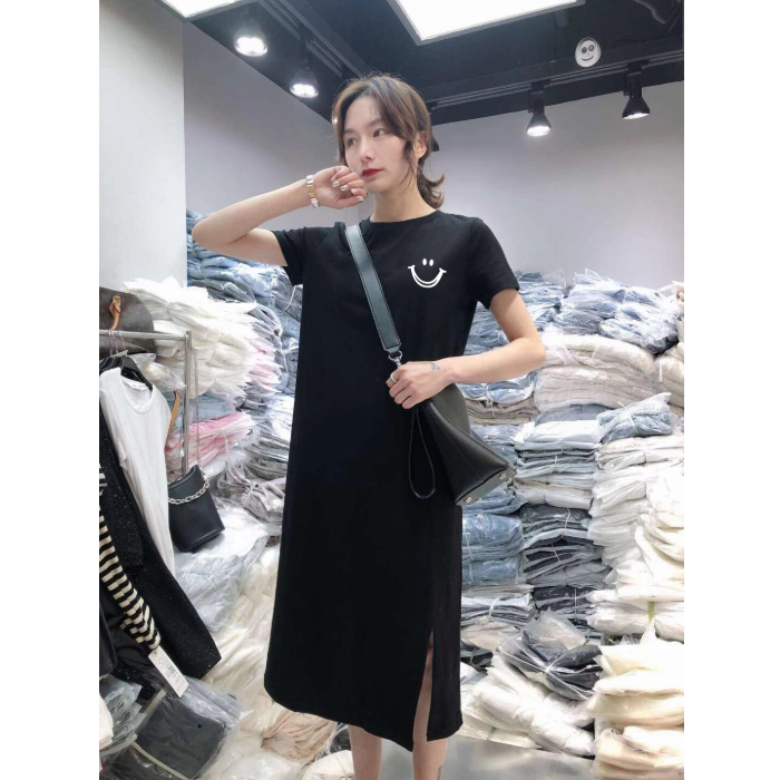 Summer short sleeve dress women's casual belly covering large loose medium length over the knee T-shirt skirt