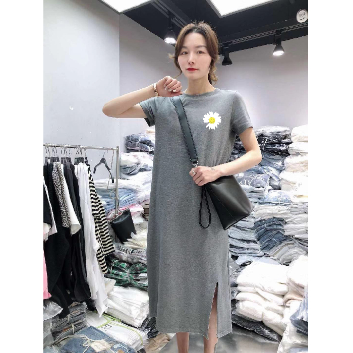 Summer short sleeve dress women's casual belly covering large loose medium length over the knee T-shirt skirt