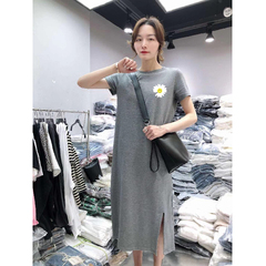 Summer short sleeve dress women's casual belly covering large loose medium length over the knee T-shirt skirt