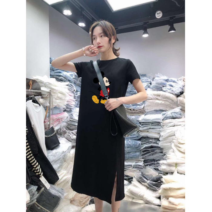 Summer short sleeve dress women's casual belly covering large loose medium length over the knee T-shirt skirt