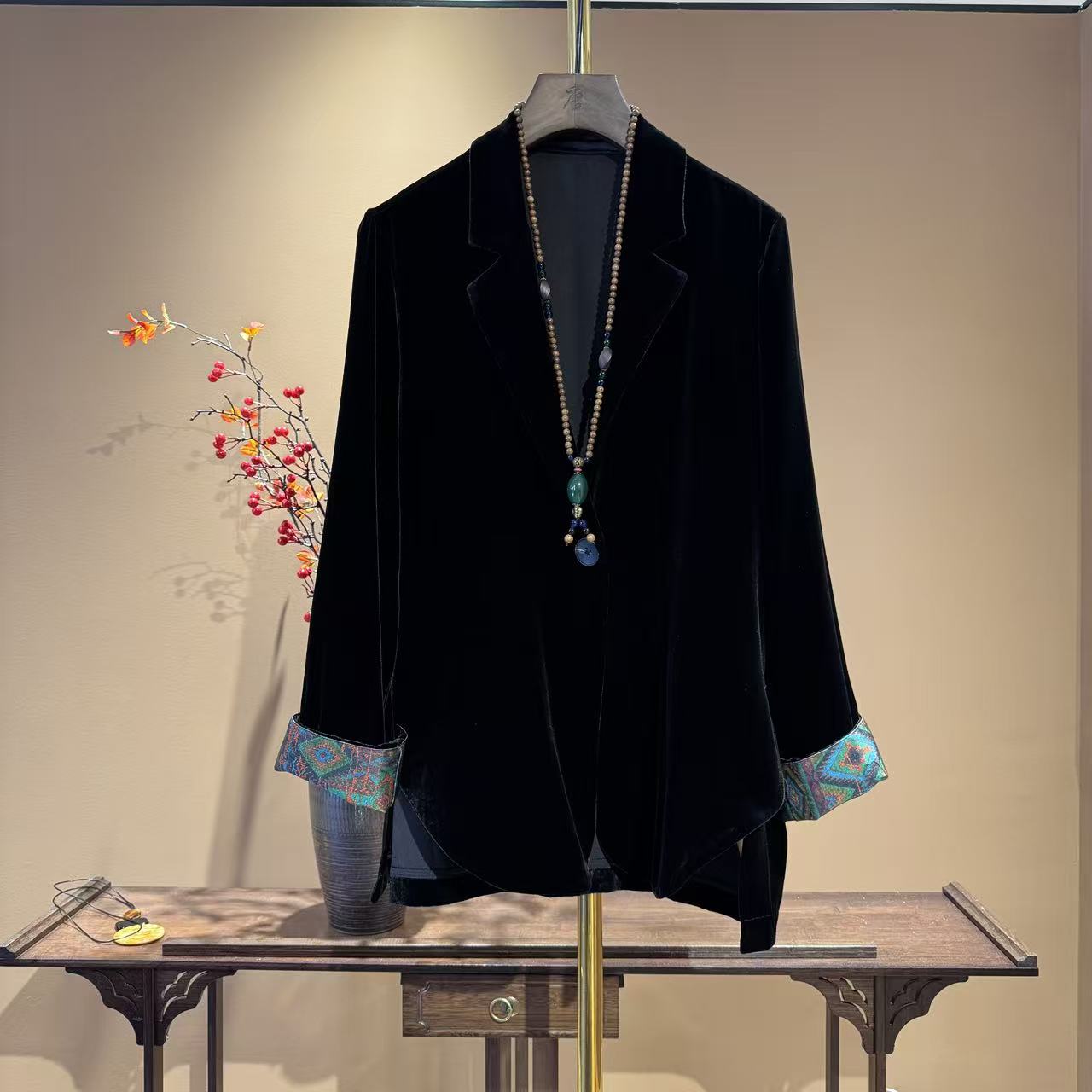 【中先森】新中式桑蚕丝丝绒黑色外套女秋中长款长袖真丝上衣618