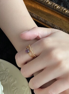 vintage轻中古镶锆石紫色猫眼石食指戒指镂空复古开口可调节指环