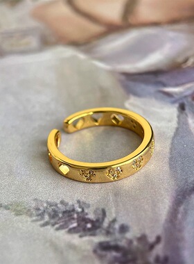 轻中古风微镶锆石开口戒指法式复古食指戒金色高级感指环